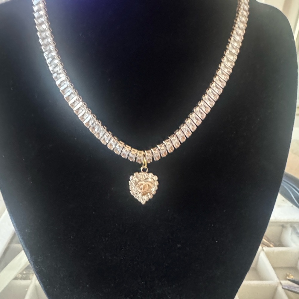 Gold-Tone Heart Pendant Tennis Necklace - Women Jewelry - Picture 2 of 9
